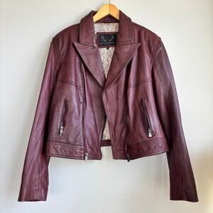 Bod & Christensen Leather Coat Maroon Red Moto Jacket Animal Print Lining Sz XL